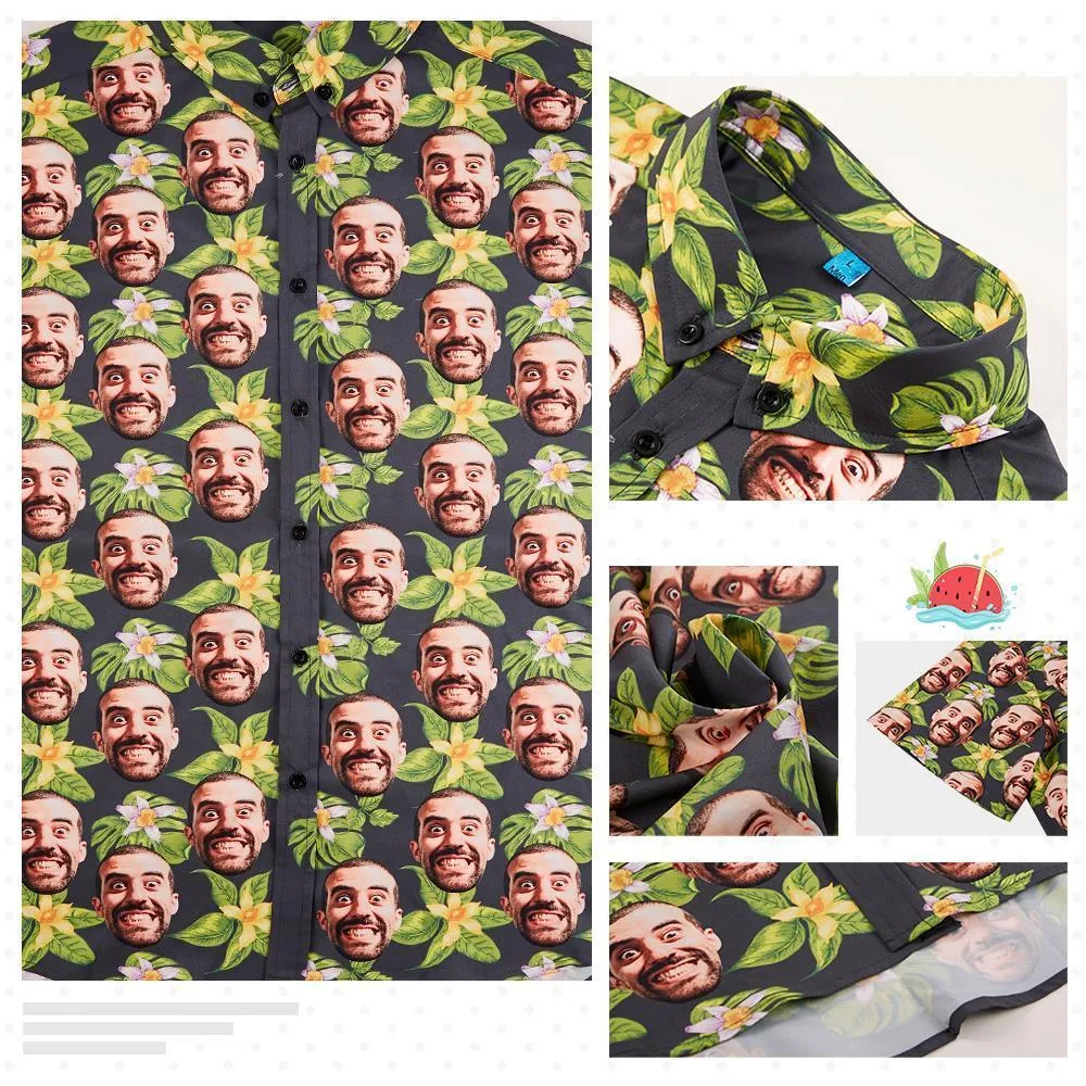 Multiface Custom Face Hawaiian Shirt for Men Green Flowers Summer Beach