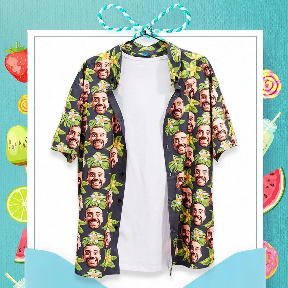 Multiface Custom Face Hawaiian Shirt for Men Green Flowers Summer Beach