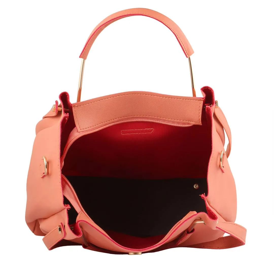 Pink Solid Leatherette Handbag With Clutch