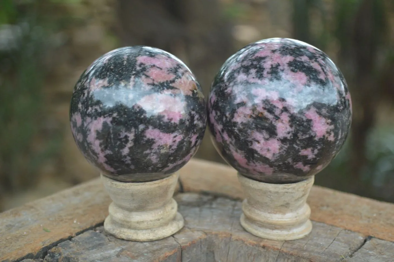 Polished Pink & Black Rhodonite Spheres x 4 From Madagascar