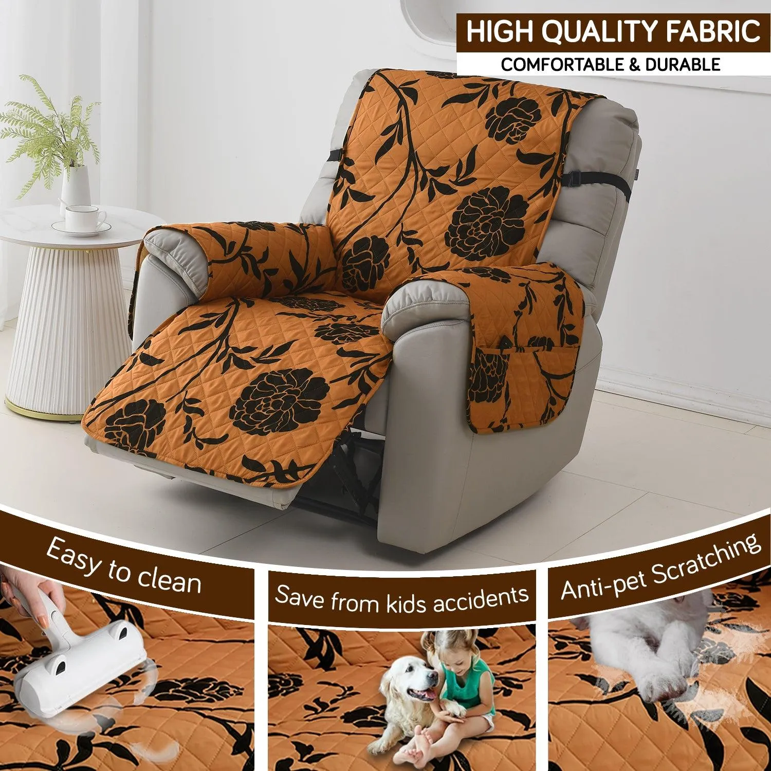 Quilted Recliner Water Repellent & Waterproof Cover for Small / Large - Copper Brown Floral