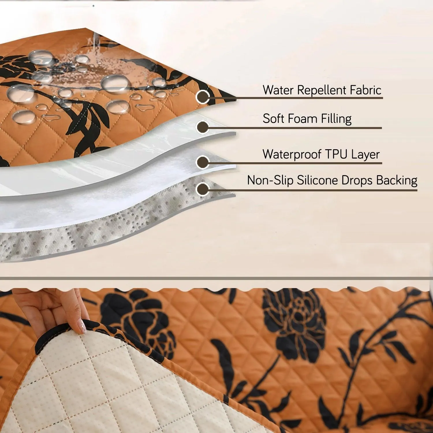 Quilted Recliner Water Repellent & Waterproof Cover for Small / Large - Copper Brown Floral