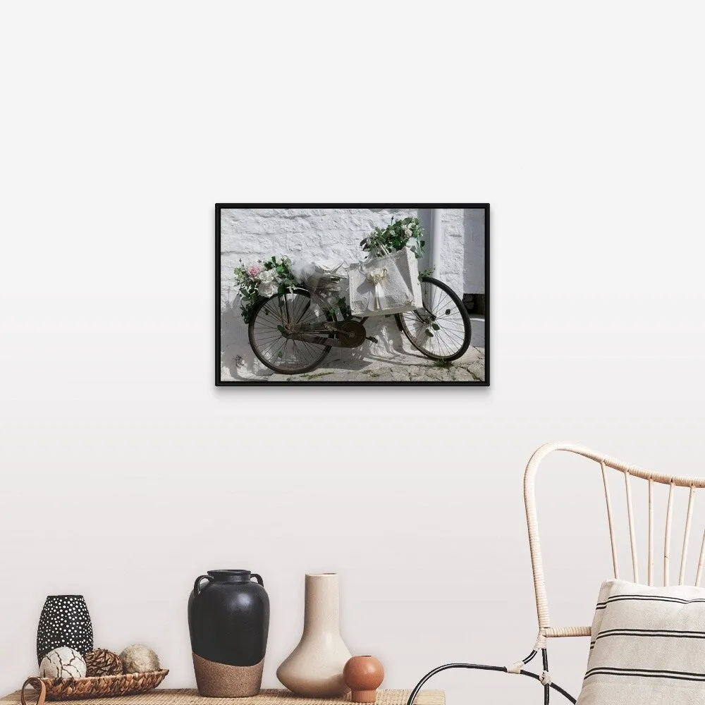 "Bicycle parked against a wall, Trulli House, Alberobello, Apulia, Italy" Black Float Frame Canvas Art