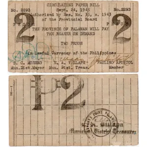 Scarce 1943 Philippines Brooke's Point Palawan 2 Pesos Scrip S926b - Very Fine