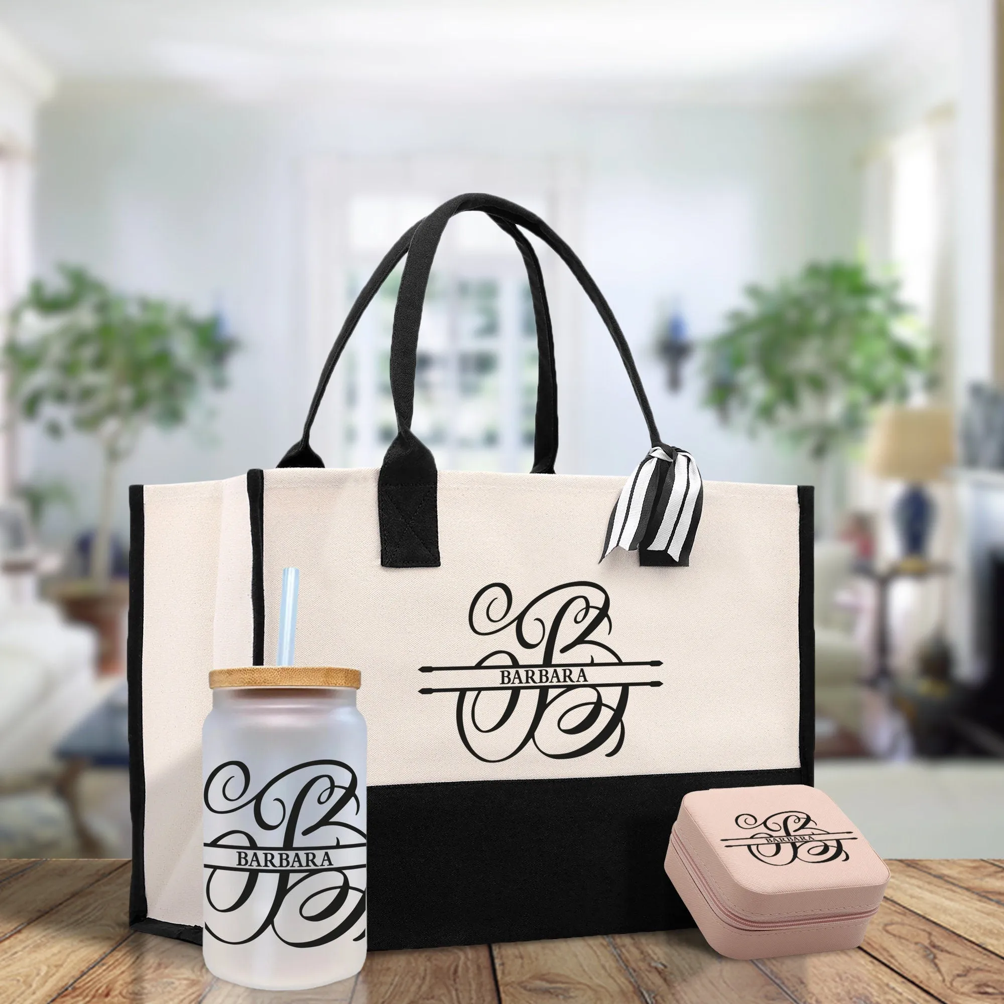 Split Initial and Name Custom Cotton Canvas Tote Bag Personalized Initial Tote Birthday Gift Wedding Gift Jewelry Box Frosted Can Glass Set