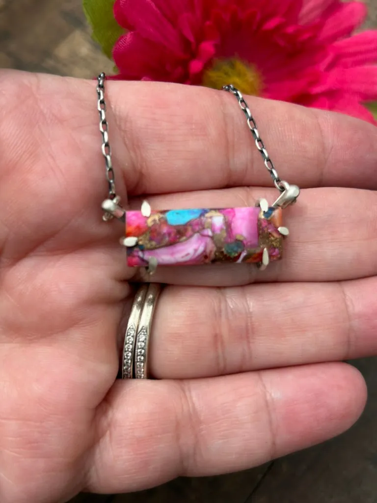 Waterproof Pink Dahlia Bar Necklace #12