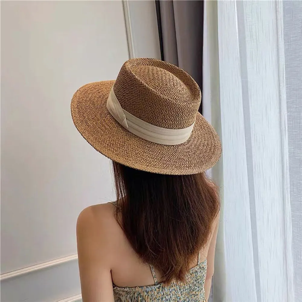 Women Fashion Summer Flat Top Straw Hat Sun Hat Travel Beach Cap